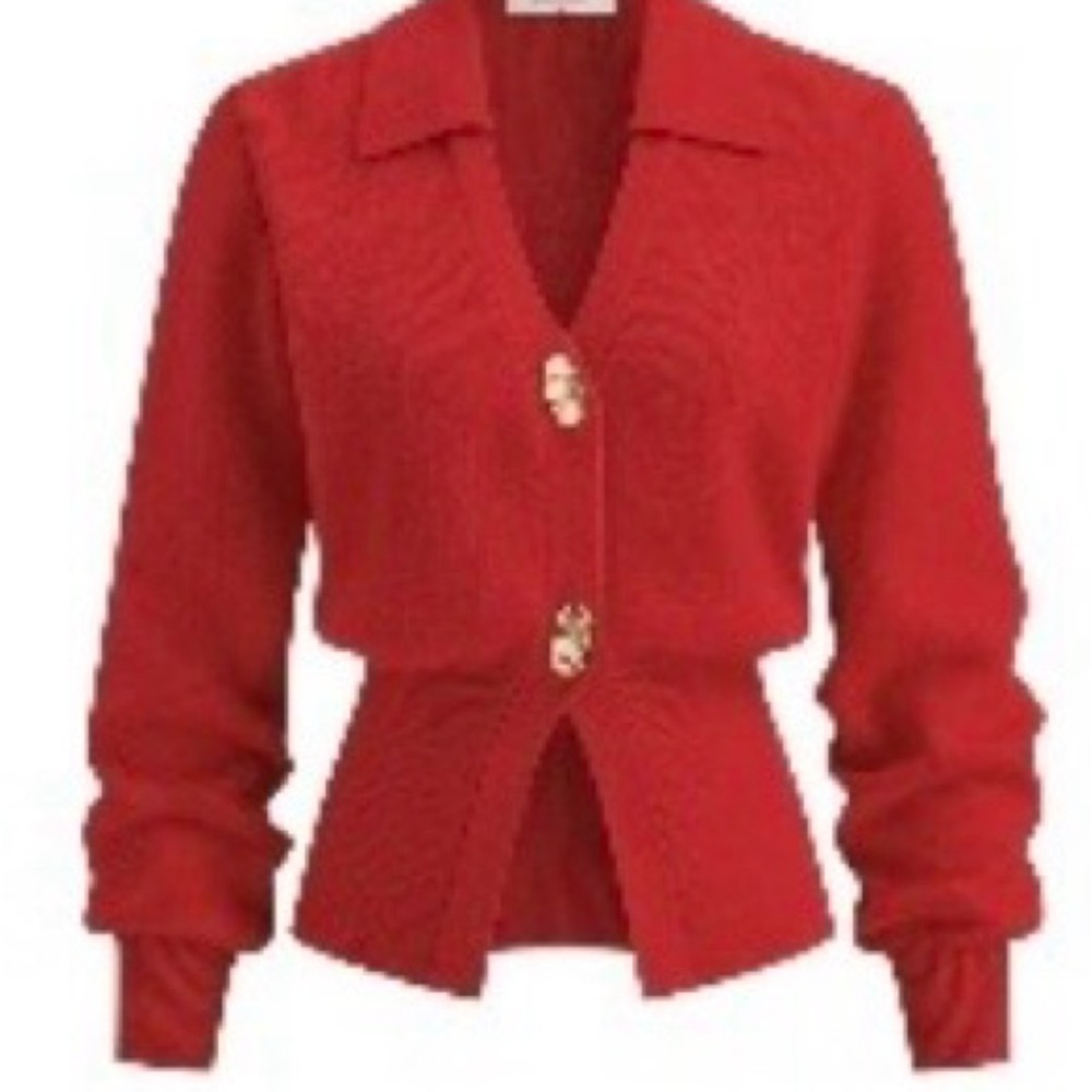 Commense Vibrant Red Cardigan with Gold Buttons
